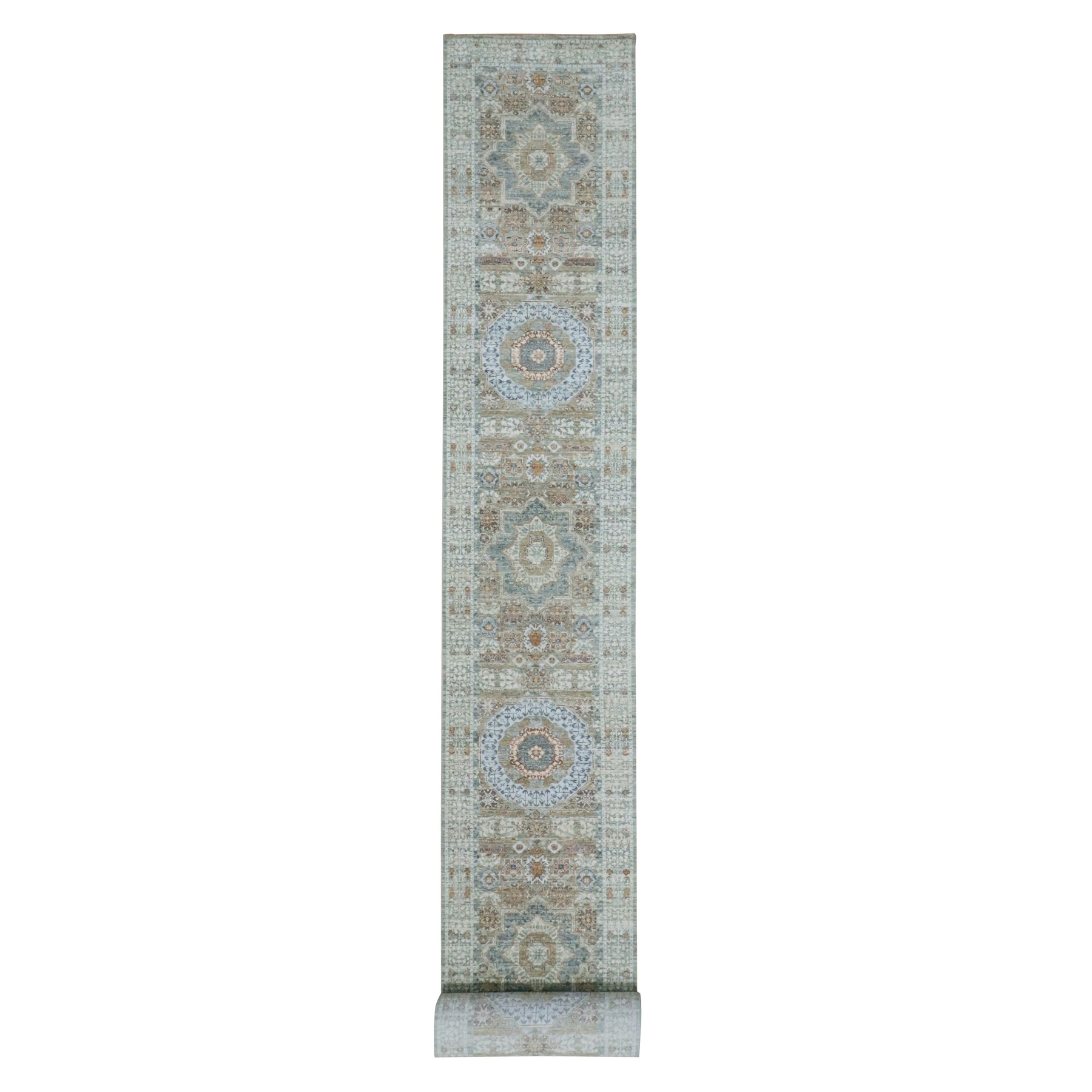Pistachio Green, Pre Historic 14th Century Influence, Mamluk Design, Natural Dyes, Pure Wool, Hand Knotted, XL Runner, Oriental Rug